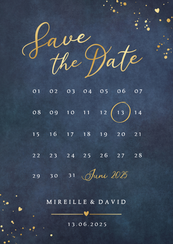 Trouwkaarten - Stijlvolle Save the Date kaart met kalender en goudfolie