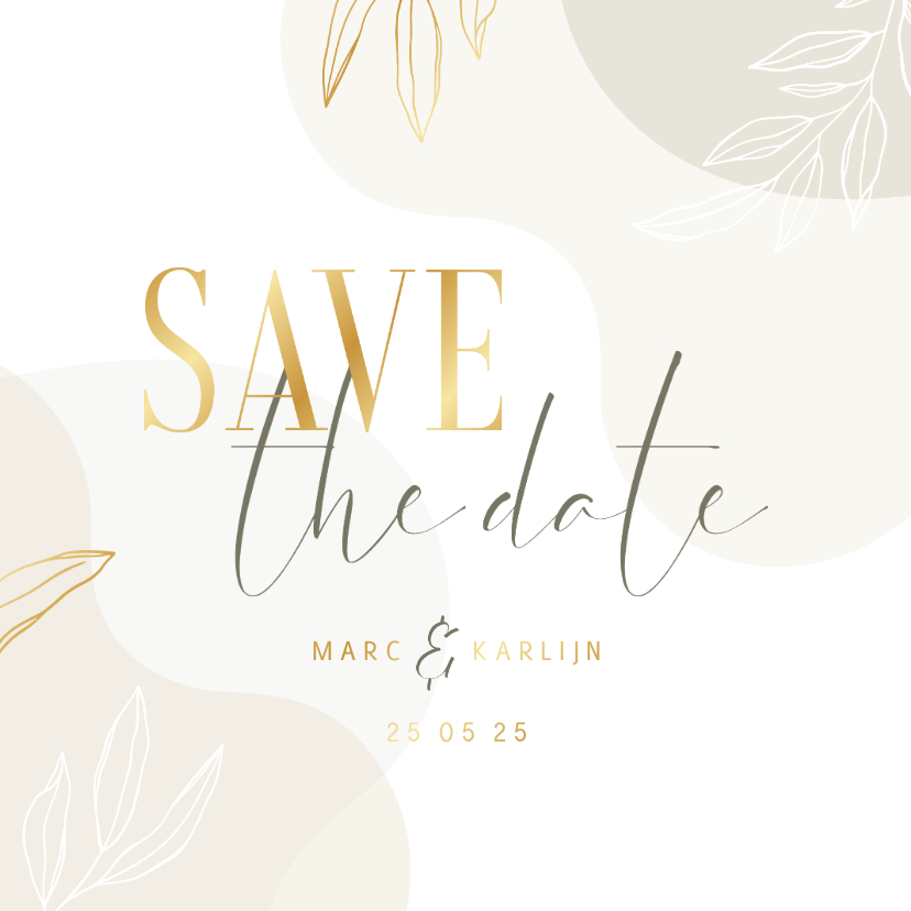 Stijlvolle Save the Date kaart met lijntekening van bladeren - Trouwkaarten Trouwkaarten - Stijlvolle Save the Date kaart met lijntekening van bladeren
