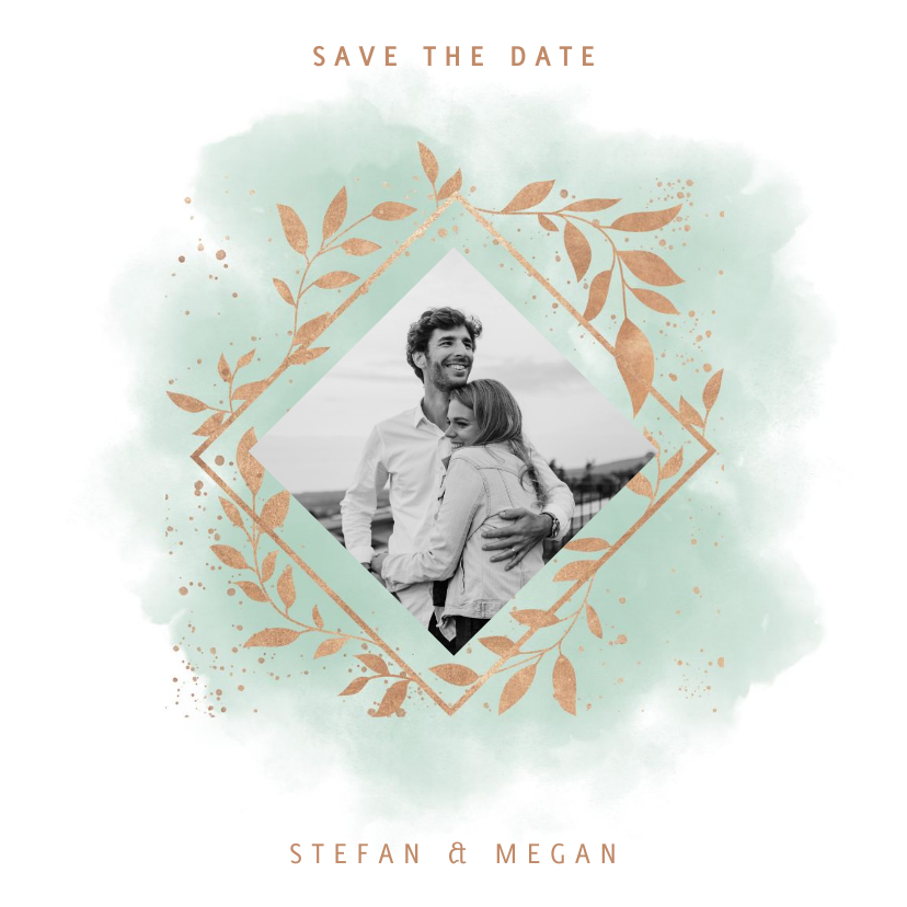 Stijlvolle save the date kaart, mint waterverf en plantjes - Trouwkaarten Trouwkaarten - Stijlvolle save the date kaart, mint waterverf en plantjes