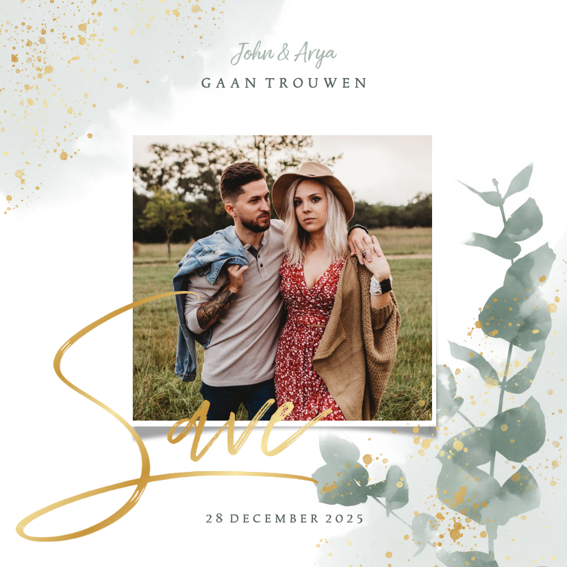 Trouwkaarten - Stijlvolle save the date kaart planten & goud in waterverf