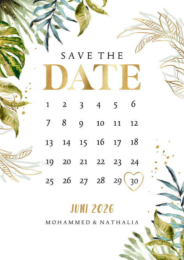Trouwkaarten - Stijlvolle save the date kalender botanisch watercolour goud