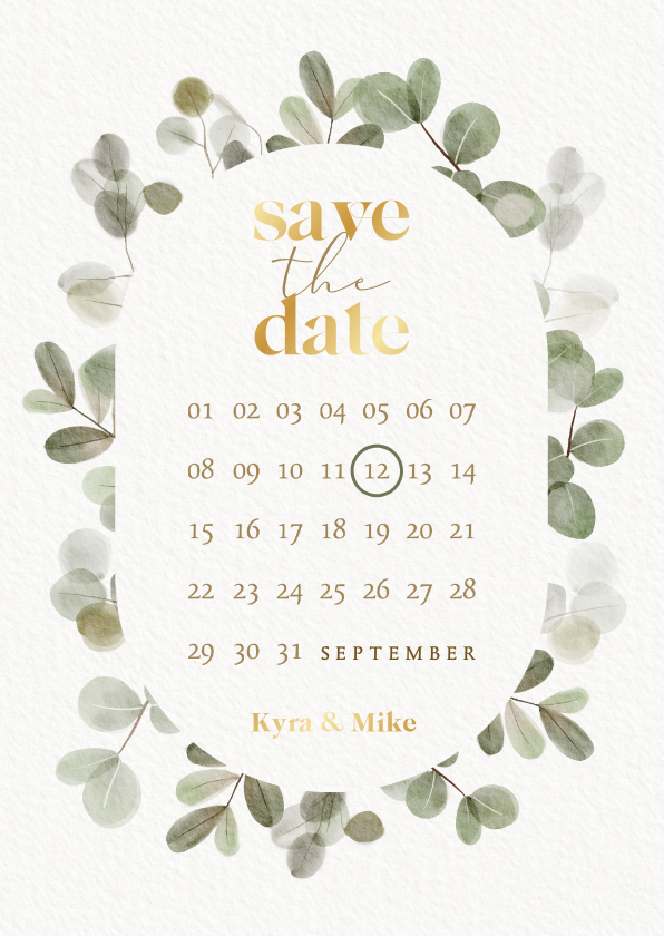 Trouwkaarten - Stijlvolle save the date kalender eucalyptus en goudfolie