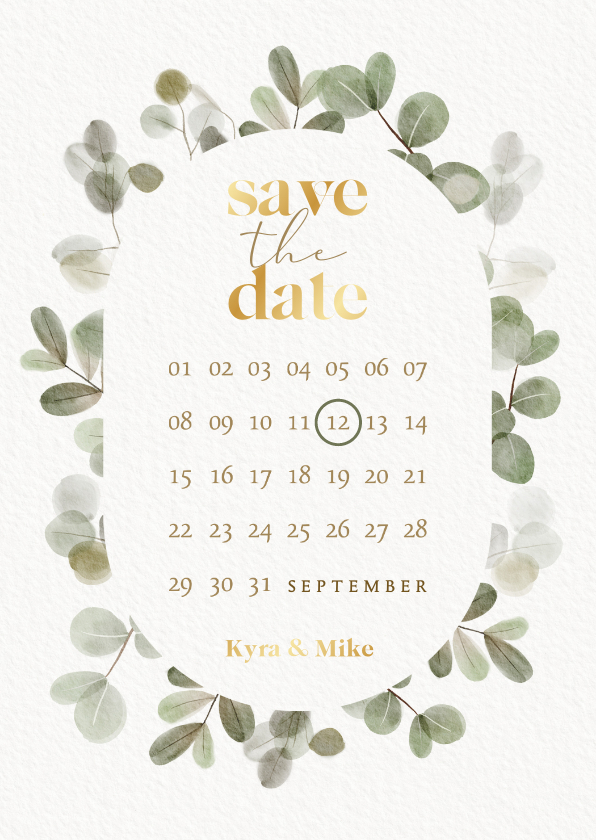 Trouwkaarten - Stijlvolle save the date kalender eucalyptus en goudfolie