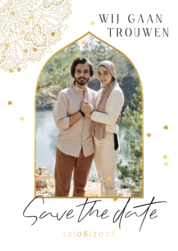 Trouwkaarten - Stijlvolle save the date mandala hartjesconfetti goud foto