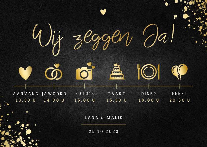 Trouwkaarten - Stijlvolle tijdlijn trouwkaart goud met spetters krijtbord