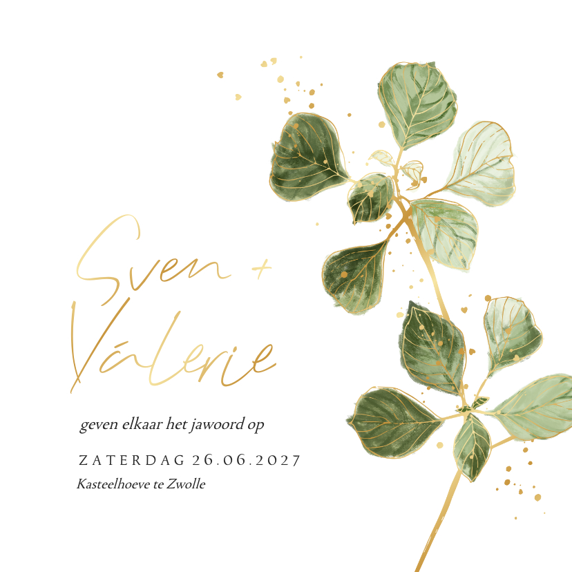Stijlvolle trouwkaart illustratie botanisch blad lijn goud - Trouwkaarten Trouwkaarten - Stijlvolle trouwkaart illustratie botanisch blad lijn goud