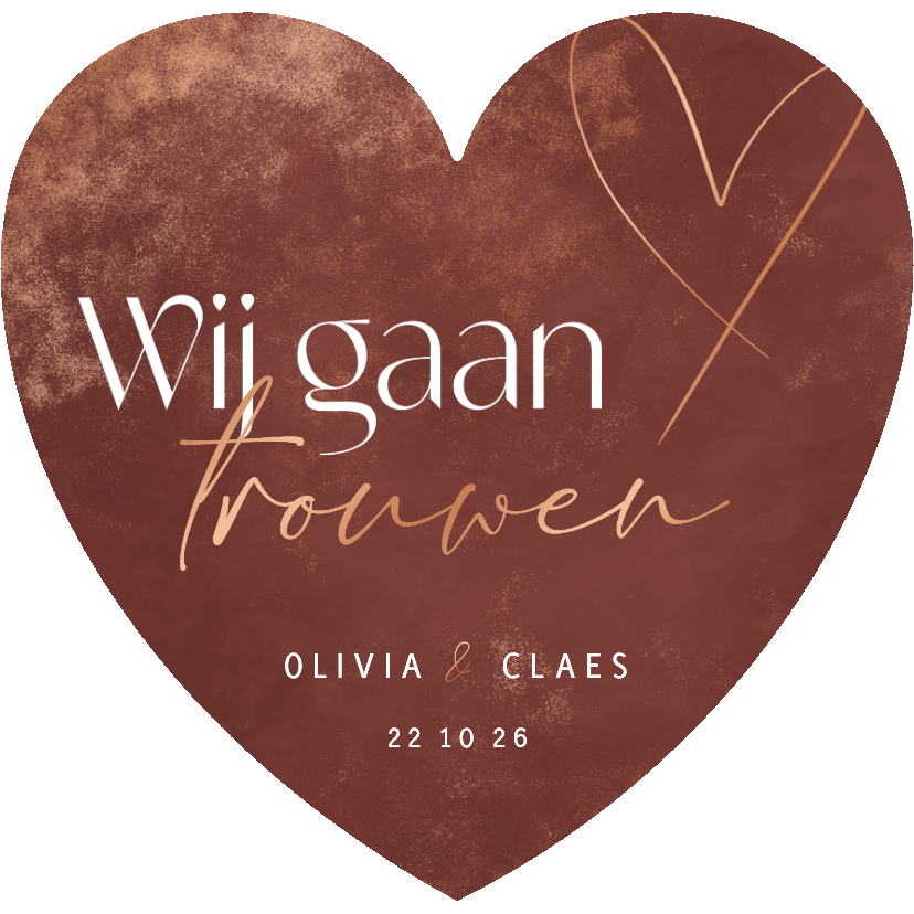 Stijlvolle trouwkaart in hartvorm met koper accenten - Trouwkaarten Trouwkaarten - Stijlvolle trouwkaart in hartvorm met koper accenten