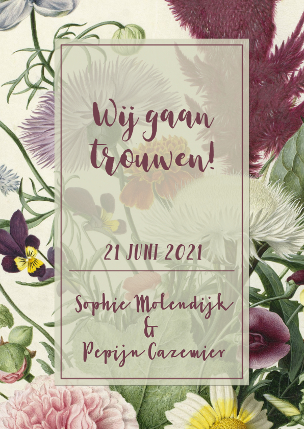 Stijlvolle trouwkaart met vintage bloemen. - Trouwkaarten Trouwkaarten - Stijlvolle trouwkaart met vintage bloemen.