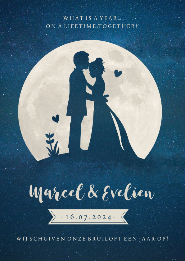 Trouwkaarten - Stijlvolle trouwkaart nieuwe datum met silhouetje en maan 