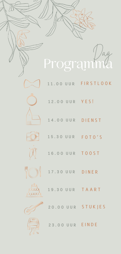 Stijlvolle trouwkaart tijdlijn iconen koper takjes Stijlvolle trouwkaart tijdlijn iconen koper takjes