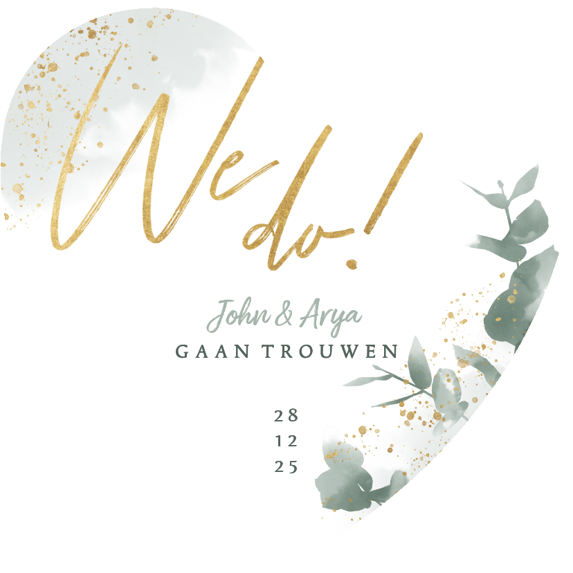 Trouwkaarten - Stijlvolle trouwkaart waterverf eucalyptus & gouden spetters