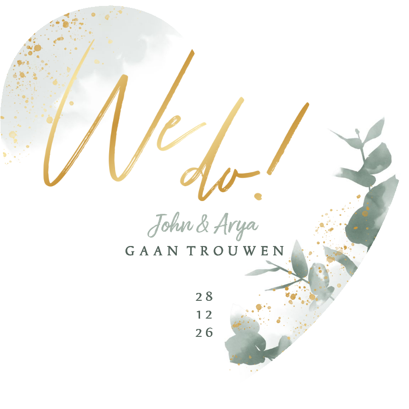 Stijlvolle trouwkaart waterverf eucalyptus & gouden spetters - Trouwkaarten Trouwkaarten - Stijlvolle trouwkaart waterverf eucalyptus & gouden spetters