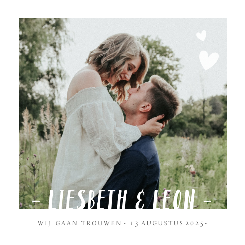 Stijlvolle trouwkaart wit met grote eigen foto en namen - Trouwkaarten Trouwkaarten - Stijlvolle trouwkaart wit met grote eigen foto en namen
