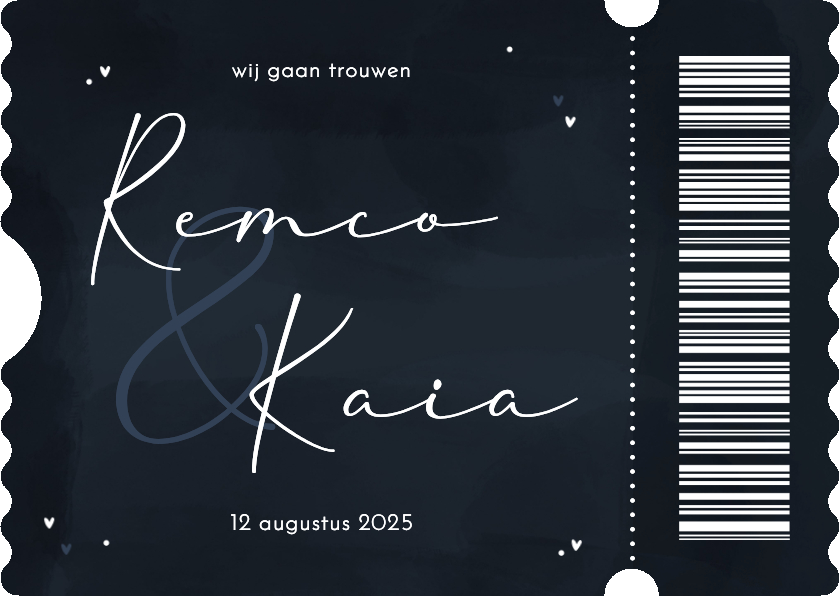Trouwkaarten - Stijlvolle trouwuitnodiging ticket donkerblauw hartjes
