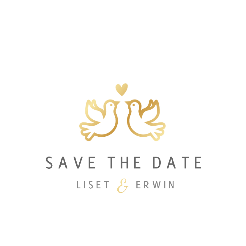 Trouwkaarten - Stijlvolle witte Save the Date kaart met gouden duifjes 