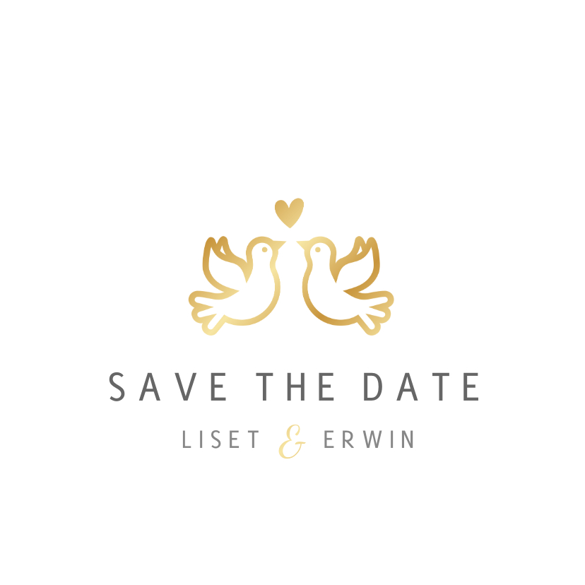 Stijlvolle witte Save the Date kaart met gouden duifjes Stijlvolle witte Save the Date kaart met gouden duifjes