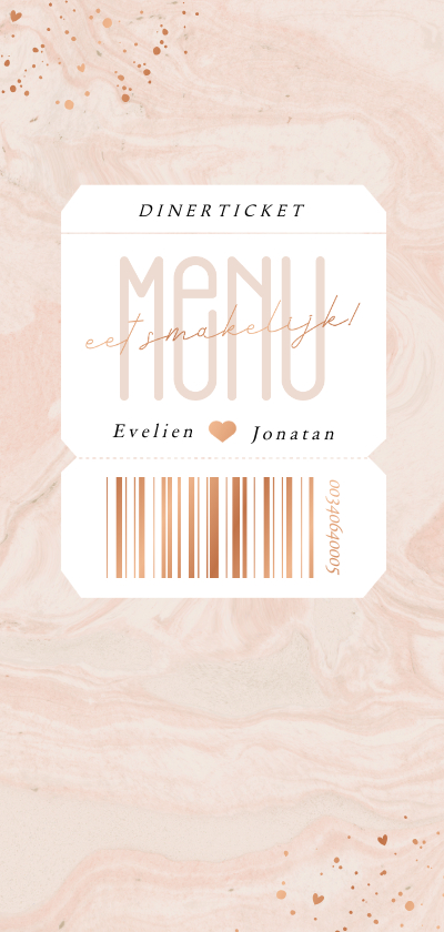 Trouwkaarten - Ticket menukaart voor bruiloft of liefdesfeest roze marmer