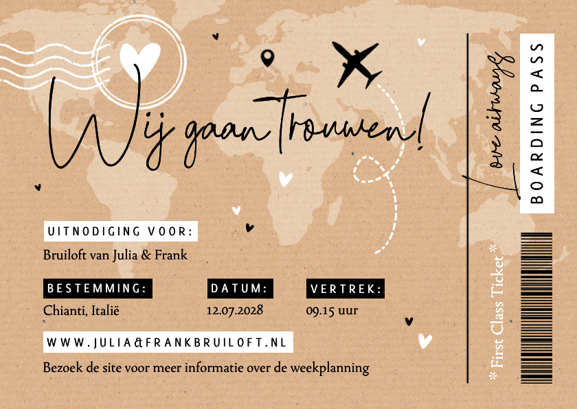 Ticket trouwkaart buitenland landkaart kraftlook - Trouwkaarten Trouwkaarten - Ticket trouwkaart buitenland landkaart kraftlook