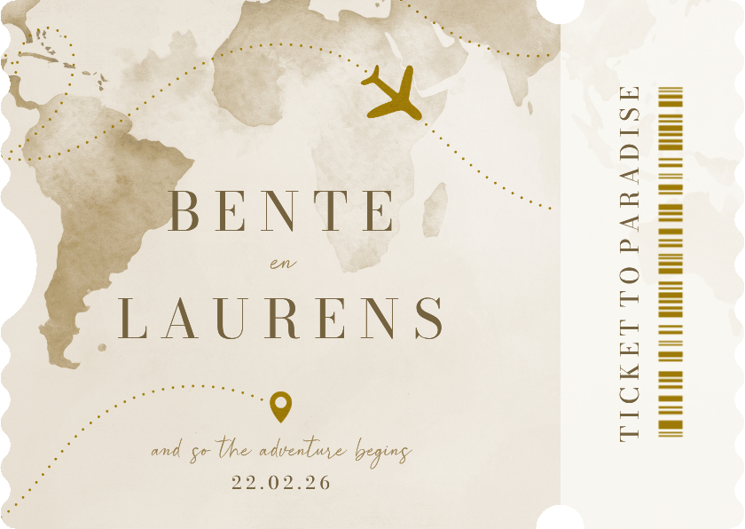 Trouwkaarten - Ticket trouwkaart waterverf wereld goudfolie vliegtuig