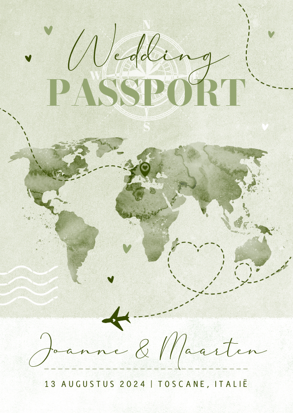 Trouwkaarten - Ticket wedding paspoort wereldkaart liefde groen verf