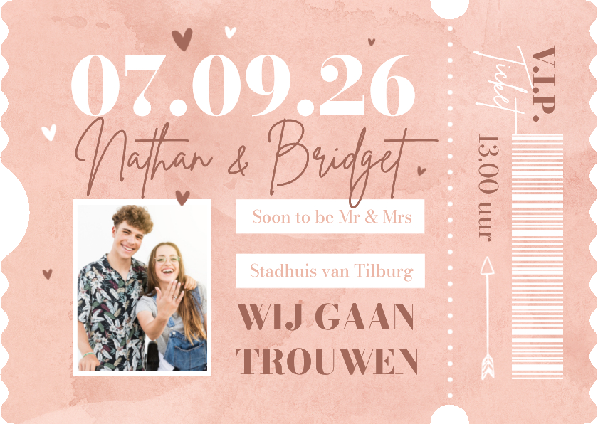 Ticketkaart bruiloft trouwkaart waterverf roze hip - Trouwkaarten Trouwkaarten - Ticketkaart bruiloft trouwkaart waterverf roze hip