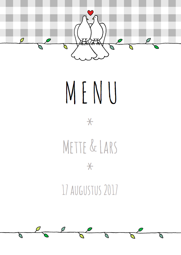 Tortelduifjes trouwmenu op grijs ruitje - Trouwkaarten Trouwkaarten - Tortelduifjes trouwmenu op grijs ruitje