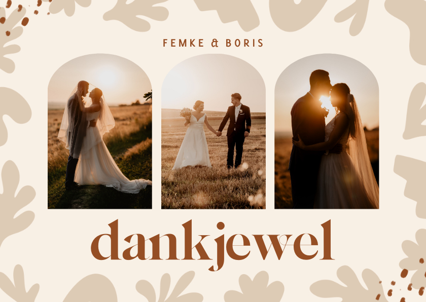 Trendy bedankkaartje met abstracte vormen beige met foto's - Trouwkaarten Trouwkaarten - Trendy bedankkaartje met abstracte vormen beige met foto's