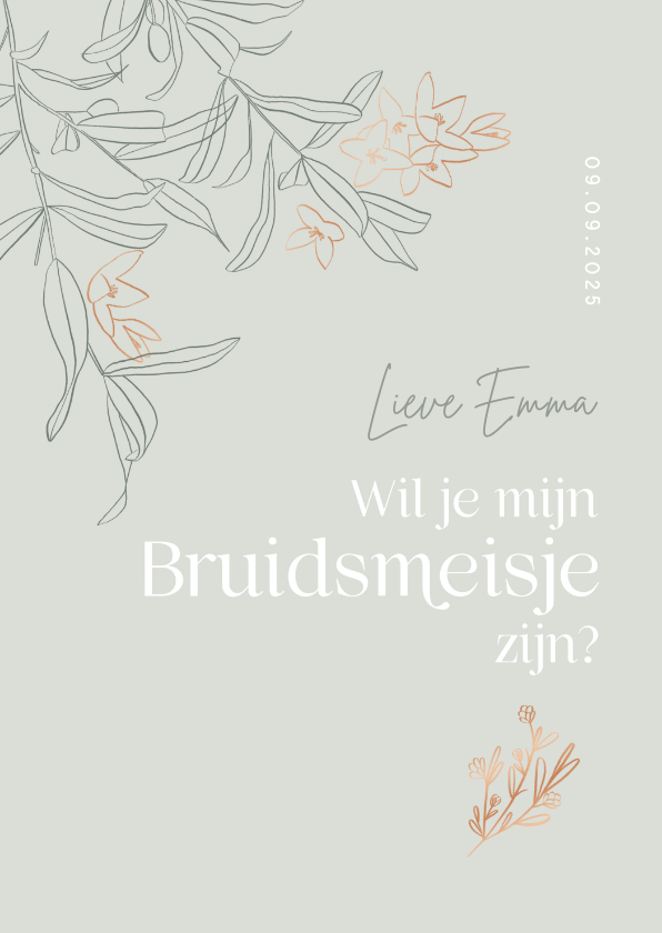 Trouwkaarten - Trendy bruidsmeisje kaart bruiloft groen olijftakjes boeket