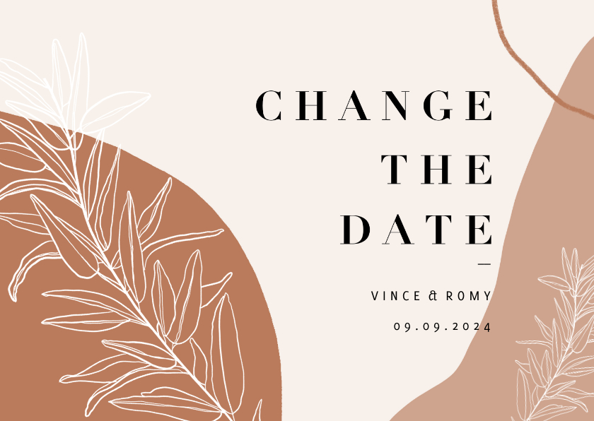 Trouwkaarten - Trendy Change the Date kalender abstracte vormen en plantje