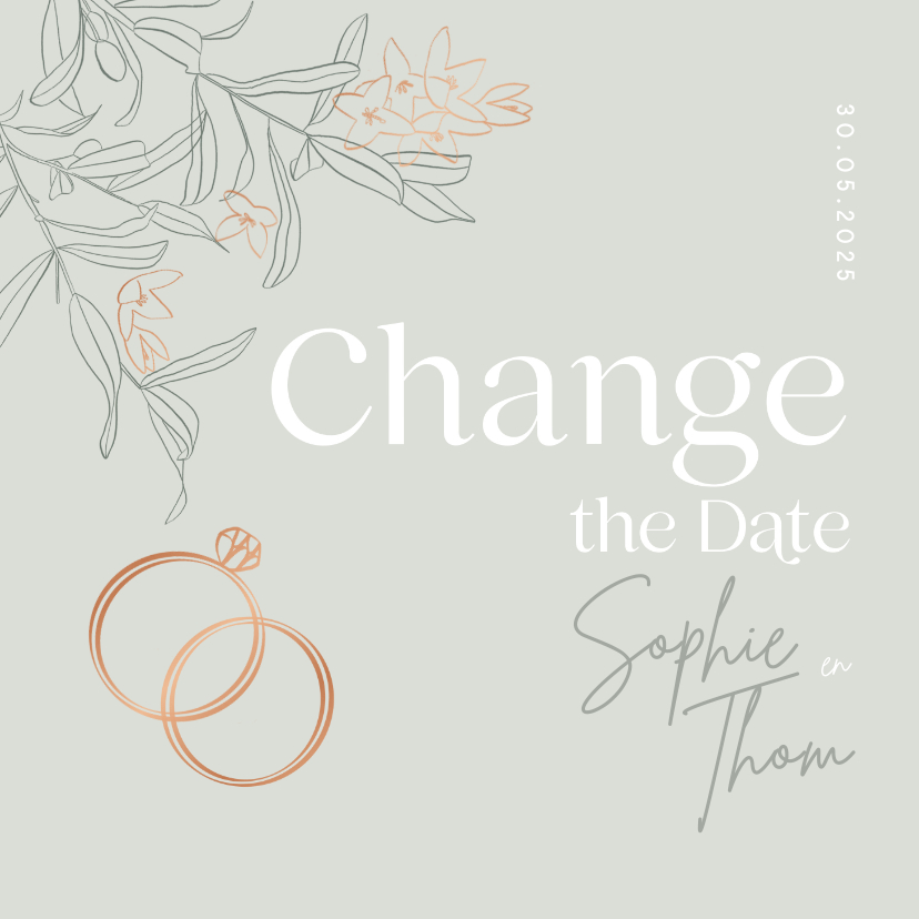 Trendy Change the Date trouwkaart groen olijftakjes ringen - Trouwkaarten Trouwkaarten - Trendy Change the Date trouwkaart groen olijftakjes ringen