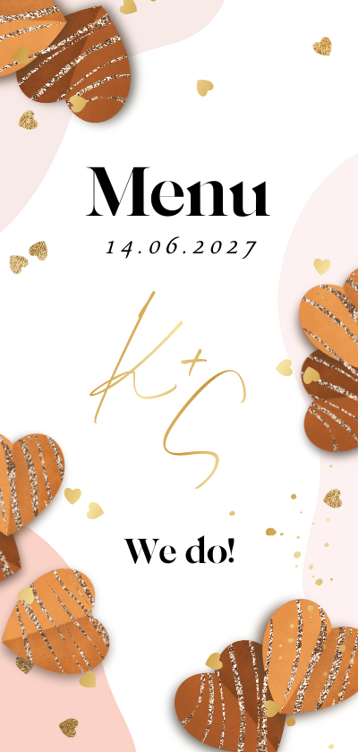 Trouwkaarten - Trendy menukaart organische vormen hartjes goud