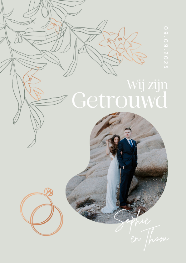 Trendy pas getrouwd trouwkaartje met foto symbolen olijftak Trendy pas getrouwd trouwkaartje met foto symbolen olijftak