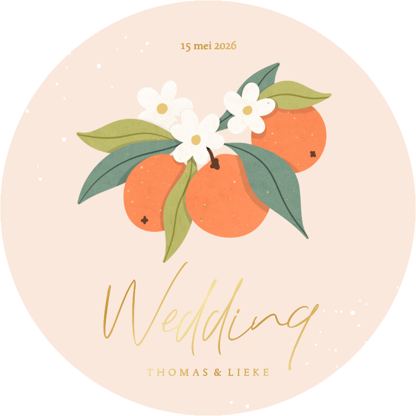 Trouwkaarten - Trendy ronde trouwkaart oranje met sinaasappels goudfolie