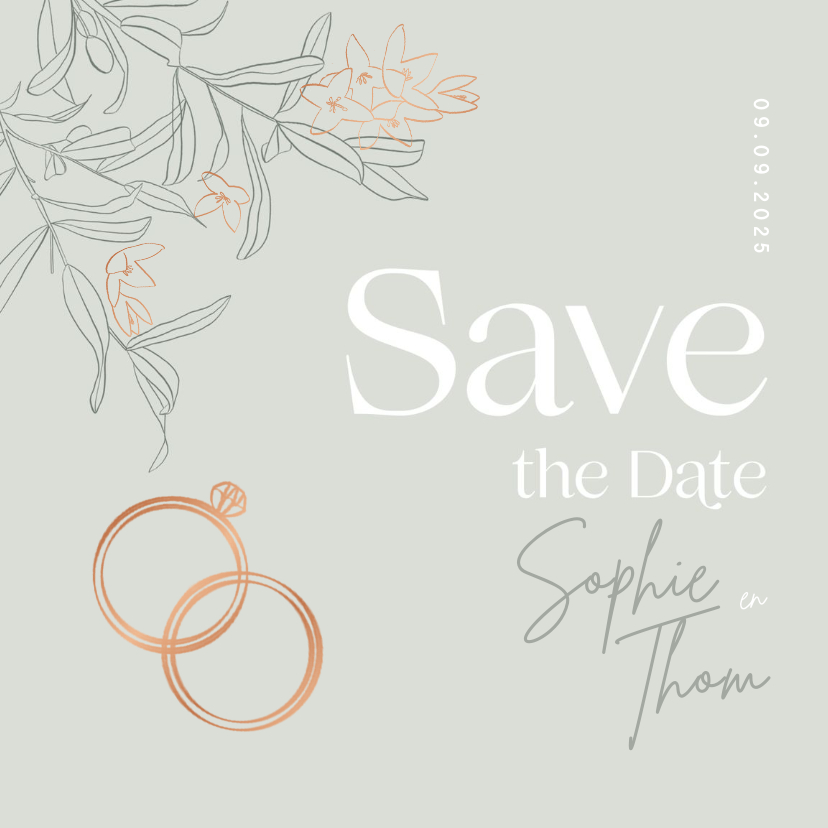 Trendy Save the Date groen olijftakjes brons - Trouwkaarten Trouwkaarten - Trendy Save the Date groen olijftakjes brons