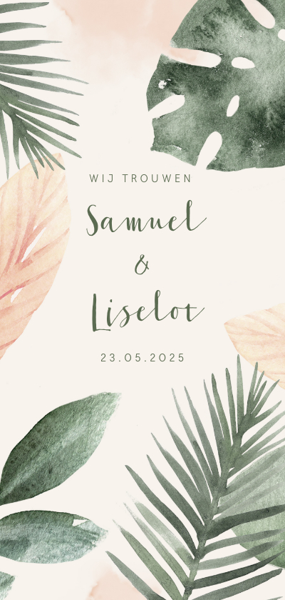 Trouwkaarten - Trendy trouwkaart met roze en groene waterverf bladeren