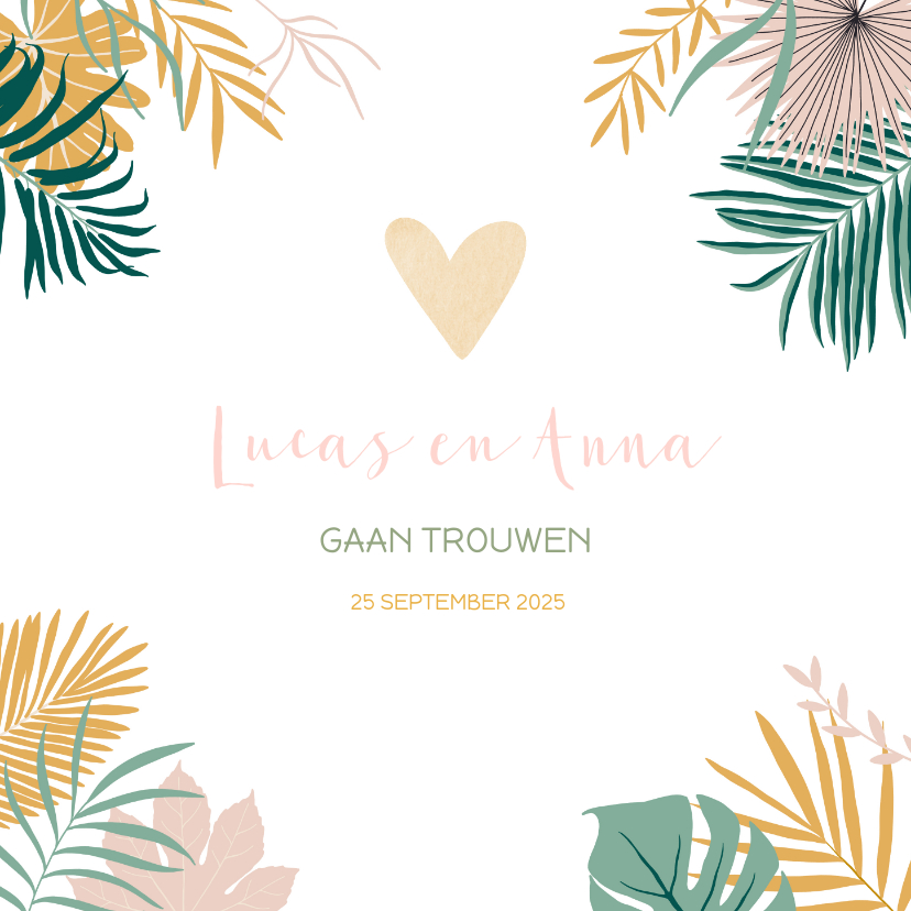 Trendy trouwkaart met tropical bladeren in pastelkleuren - Trouwkaarten Trouwkaarten - Trendy trouwkaart met tropical bladeren in pastelkleuren
