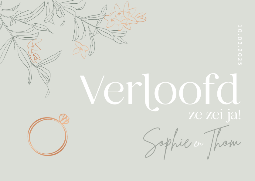 Trendy verloofd kaartje olijftakjes koper verlovingsring Trendy verloofd kaartje olijftakjes koper verlovingsring