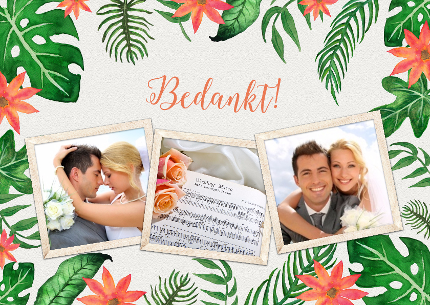 Tropical bedankkaart met 3 foto's - Trouwkaarten Trouwkaarten - Tropical bedankkaart met 3 foto's