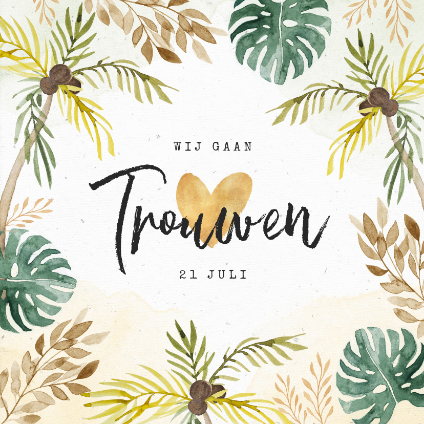 Trouwkaarten - Tropische trouwkaart met palmbomen en bladeren