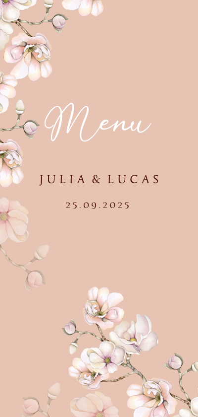 Trouwkaarten - Trouwen menu magnolia roze wit