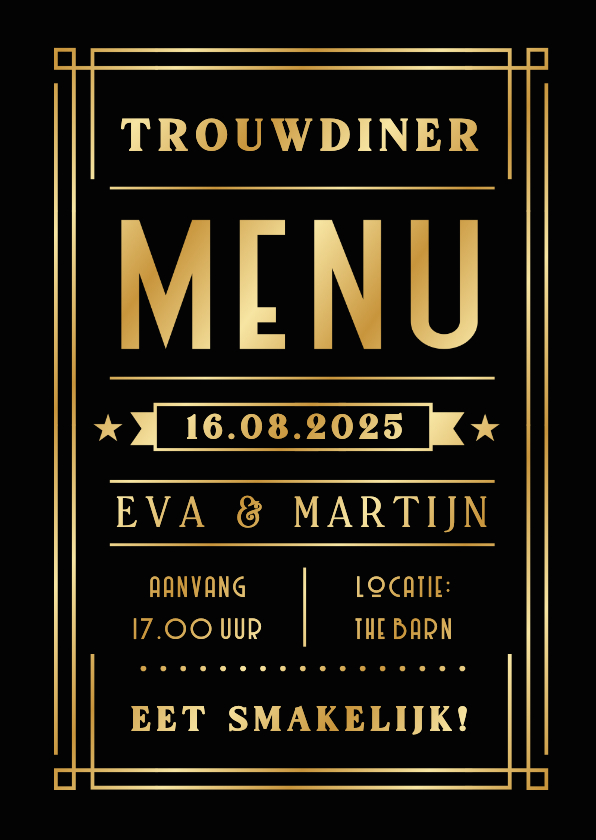 Trouwkaarten - Trouwen menukaart zwart met foliedruk poster letters