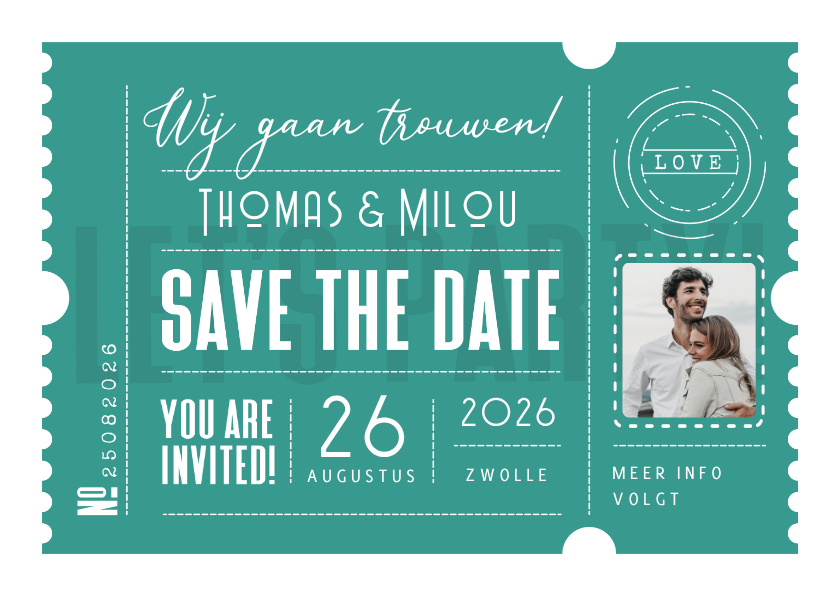 Trouwkaarten - Trouwkaart als ticket hip save the date 