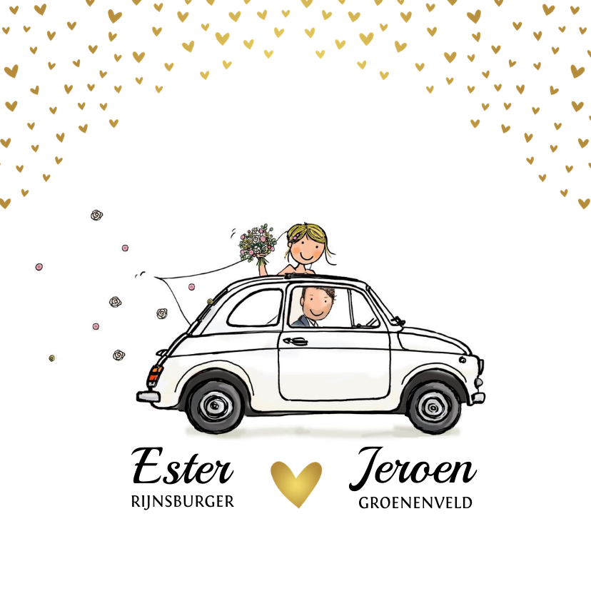 Trouwkaart auto wit hartjes goud av Trouwkaart auto wit hartjes goud av