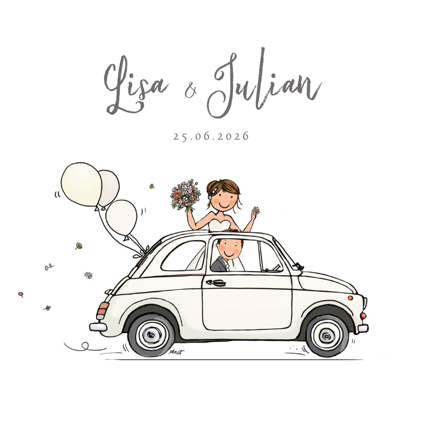 Trouwkaart auto wit met bruidspaar - Trouwkaarten Trouwkaarten - Trouwkaart auto wit met bruidspaar
