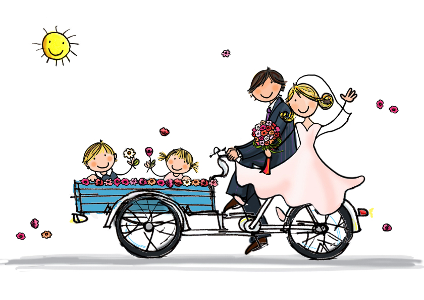 Trouwkaart bakfiets kinderen - Trouwkaarten Trouwkaarten - Trouwkaart bakfiets kinderen