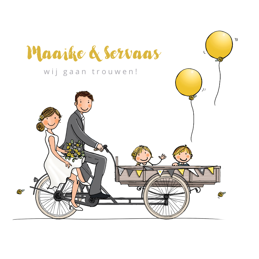 Trouwkaart bakfiets met kinderen geel Trouwkaart bakfiets met kinderen geel