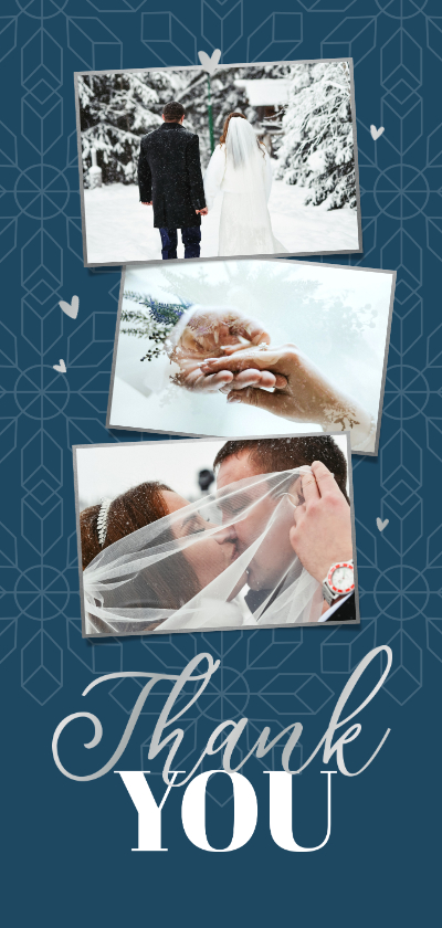 Trouwkaarten - Trouwkaart bedankt fotocollage winter sneeuwvlokken zilver