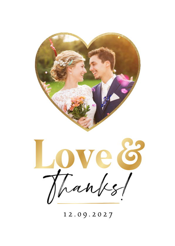 Trouwkaart bedankt love & thanks goud hartjes foto - Trouwkaarten Trouwkaarten - Trouwkaart bedankt love & thanks goud hartjes foto