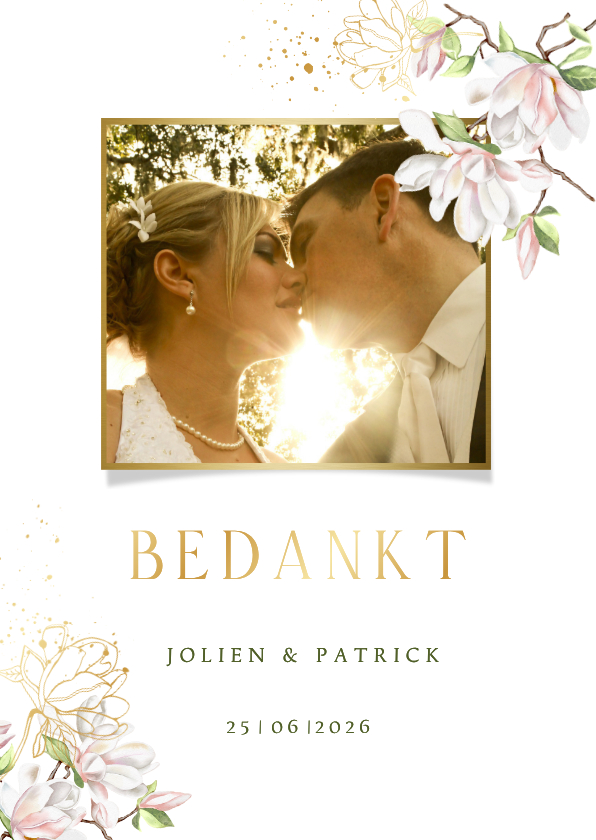 Trouwkaarten - Trouwkaart bedankt magnoliatakken met goudfolie