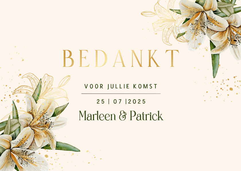 Trouwkaart bedankt witte lelie en echte goudfolie - Trouwkaarten Trouwkaarten - Trouwkaart bedankt witte lelie en echte goudfolie